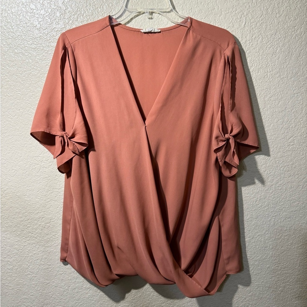 Sandy & Sid XL Mauve Wrap Blouse Surplice V Neck Tie Sleeve Flowy Top Hi Low
